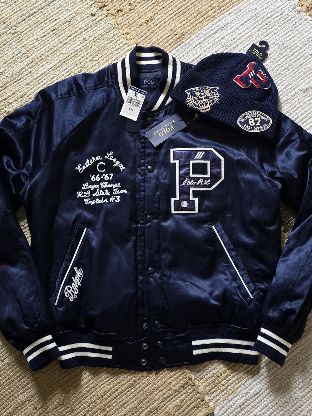 Polo by Ralph Lauren Men's Navy Satin Varsity Jacket